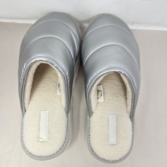 Maeve Women Puffer Platform Slippers Sz 7-8 M Silver Nylon Upper Cream Faux Fur - Picture 5 of 13